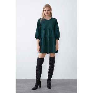 ZARA Faux Vegan Suede Tiered Babydoll Dress Green Long Sleeve Round Neck Small